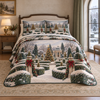 Christmas Frosted Labyrinth Garden thin printed quilt with two matching pillow shams; complete-product design mockup with flat printed visual depth.
