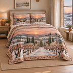 Christmas Winter Vineyard Sunset thin printed quilt with two matching pillow shams; complete-product design mockup with flat printed visual depth.