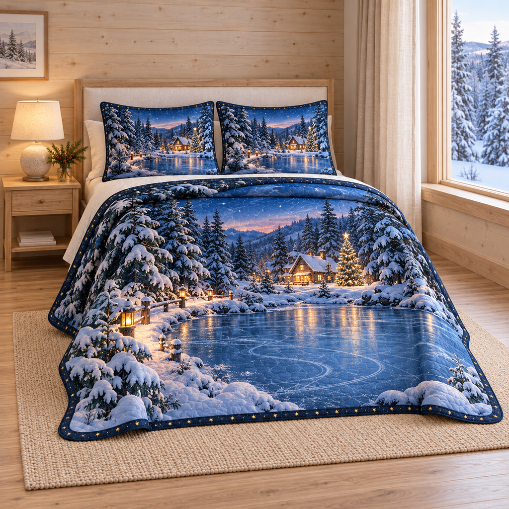 Christmas Frozen Pond Twilight thin printed quilt with two matching pillow shams; complete-product design mockup with flat printed visual depth.