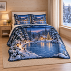 Christmas Frozen Pond Twilight thin printed quilt with two matching pillow shams; complete-product design mockup with flat printed visual depth.