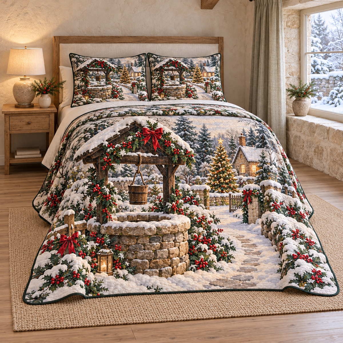 Christmas Snowy Wishing Well thin printed quilt with two matching pillow shams; complete-product design mockup with flat printed visual depth.