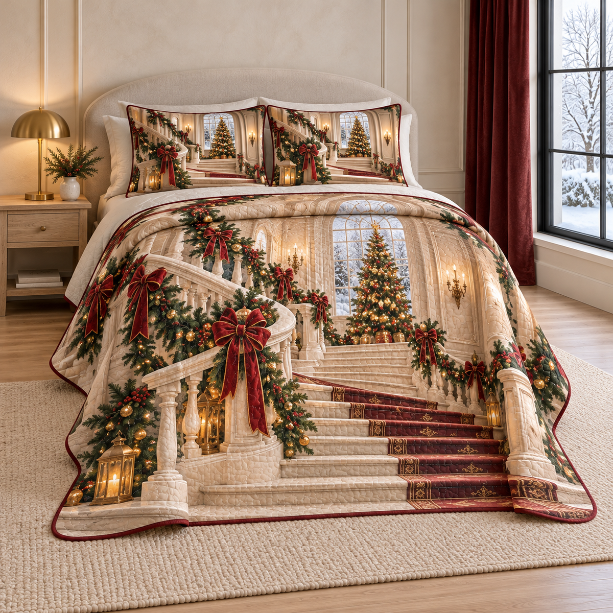 Christmas Curved Staircase Hall thin printed quilt with two matching pillow shams; complete-product design mockup with flat printed visual depth.