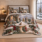 Christmas Frosted Sundial Courtyard thin printed quilt with two matching pillow shams; complete-product design mockup with flat printed visual depth.