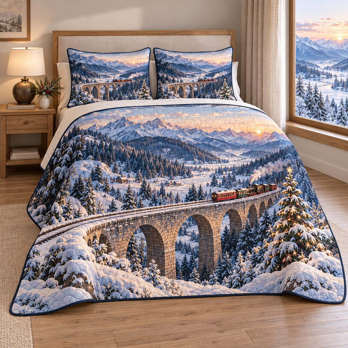 Christmas Snowy Railway Viaduct thin printed quilt with two matching pillow shams; complete-product design mockup with flat printed visual depth.