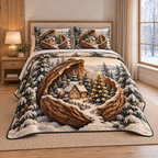 Christmas Walnut Winter Hideaway thin printed quilt with two matching pillow shams; complete-product design mockup with flat printed visual depth.