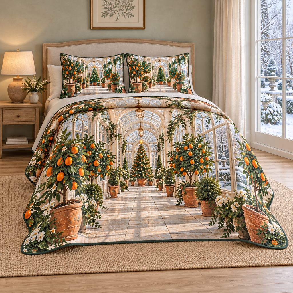 Christmas Winter Citrus Orangery thin printed quilt with two matching pillow shams; complete-product design mockup with flat printed visual depth.