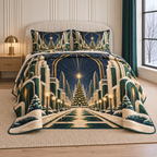 Christmas Deco Starlight Boulevard thin printed quilt with two matching pillow shams; complete-product design mockup with flat printed visual depth.