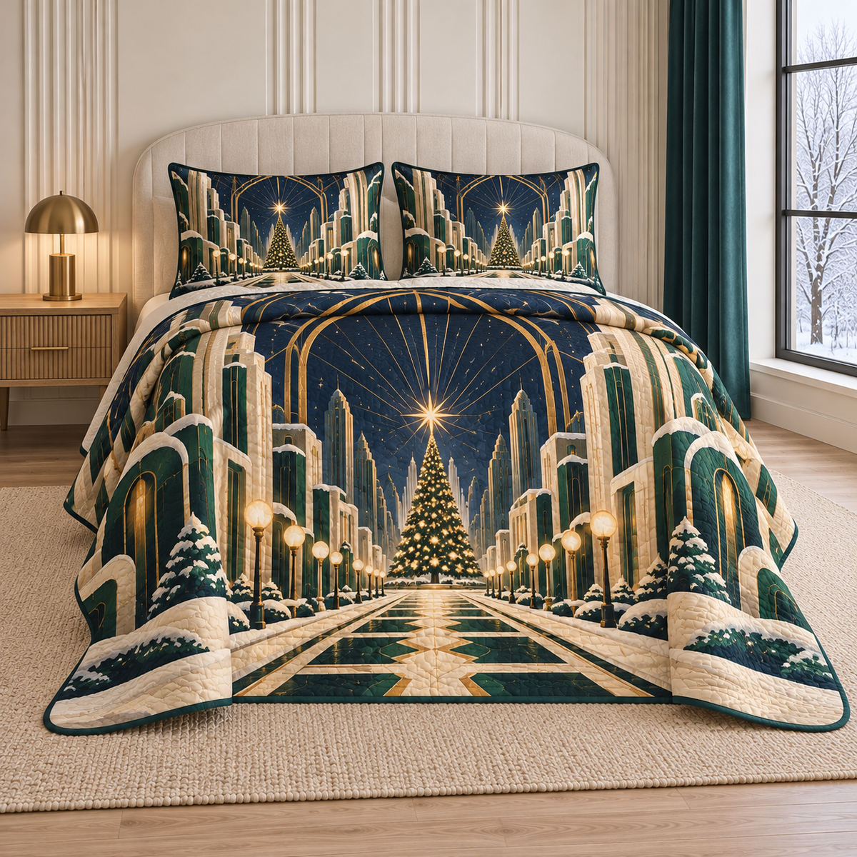 Christmas Deco Starlight Boulevard thin printed quilt with two matching pillow shams; complete-product design mockup with flat printed visual depth.