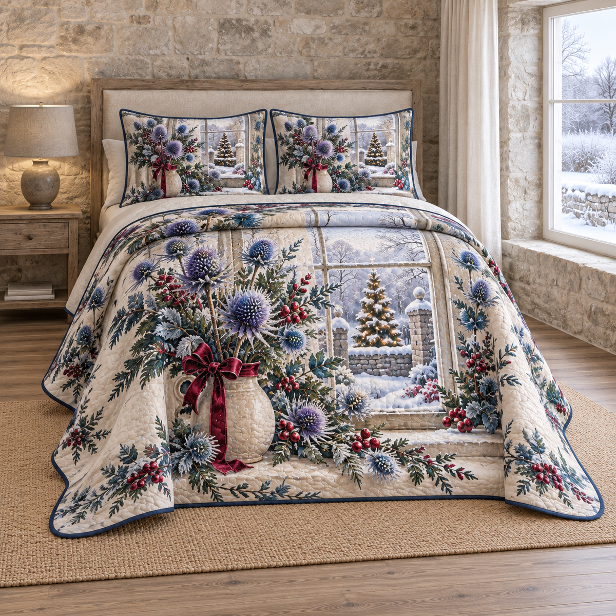 Christmas Frosted Thistle Window thin printed quilt with two matching pillow shams; complete-product design mockup with flat printed visual depth.