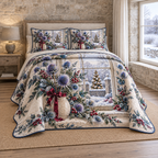 Christmas Frosted Thistle Window thin printed quilt with two matching pillow shams; complete-product design mockup with flat printed visual depth.