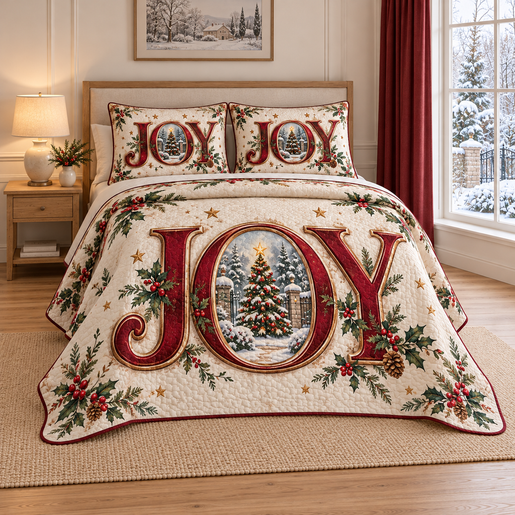 Christmas JOY Winter Window thin printed quilt with two matching pillow shams; complete-product design mockup with flat printed visual depth.