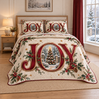 Christmas JOY Winter Window thin printed quilt with two matching pillow shams; complete-product design mockup with flat printed visual depth.