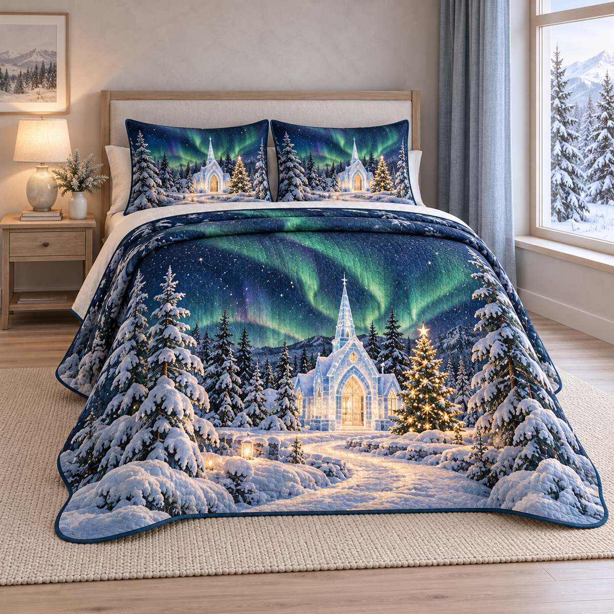 Christmas Northern Lights Ice Chapel thin printed quilt with two matching pillow shams; complete-product design mockup with flat printed visual depth.