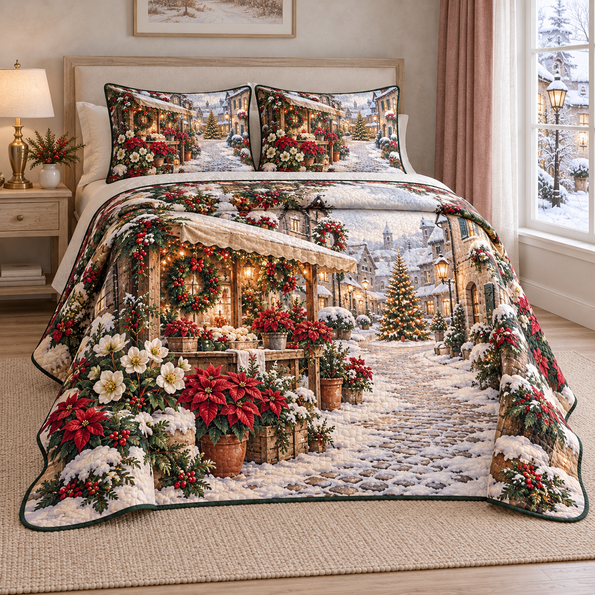 Christmas Winter Flower Market thin printed quilt with two matching pillow shams; complete-product design mockup with flat printed visual depth.