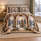 Christmas Woodland Window Triptych thin printed quilt with two matching pillow shams; complete-product design mockup with flat printed visual depth.