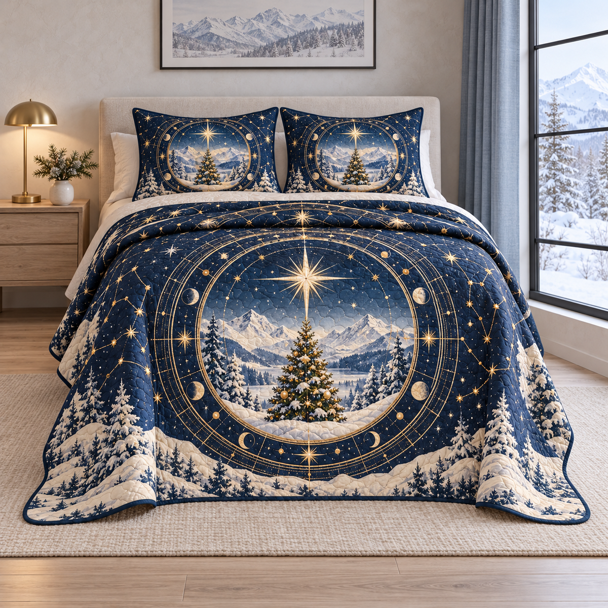 Christmas Celestial Winter Atlas thin printed quilt with two matching pillow shams; complete-product design mockup with flat printed visual depth.