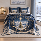 Christmas Celestial Winter Atlas thin printed quilt with two matching pillow shams; complete-product design mockup with flat printed visual depth.