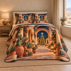 Christmas Desert Star Courtyard thin printed quilt with two matching pillow shams; complete-product design mockup with flat printed visual depth.