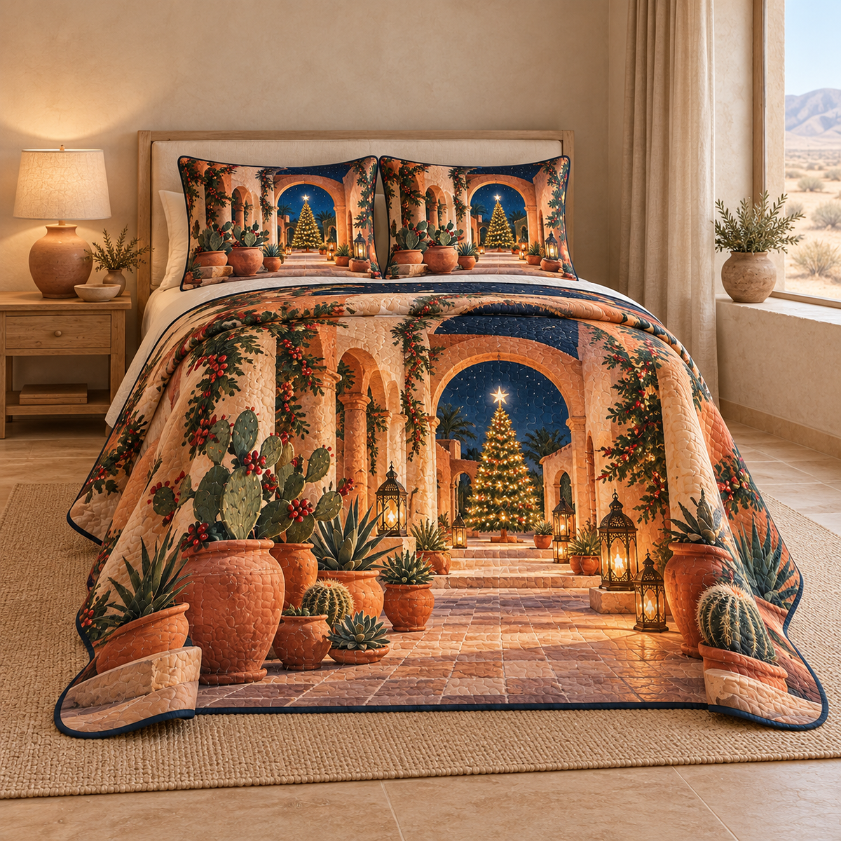 Christmas Desert Star Courtyard thin printed quilt with two matching pillow shams; complete-product design mockup with flat printed visual depth.