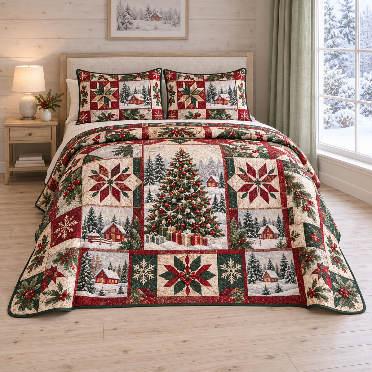 Christmas Nordic Story Blocks thin printed quilt with two matching pillow shams; complete-product design mockup with flat printed visual depth.