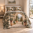 Christmas Winter Olive Courtyard thin printed quilt with two matching pillow shams; complete-product design mockup with flat printed visual depth.