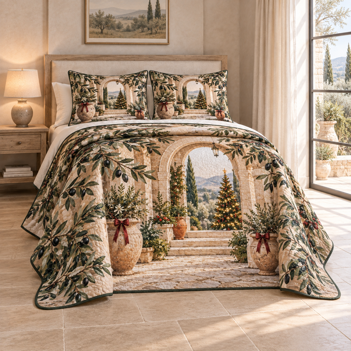 Christmas Winter Olive Courtyard thin printed quilt with two matching pillow shams; complete-product design mockup with flat printed visual depth.