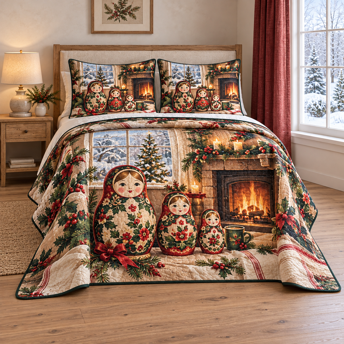 Christmas Nesting Doll Winter Hearth thin printed quilt with two matching pillow shams; complete-product design mockup with flat printed visual depth.