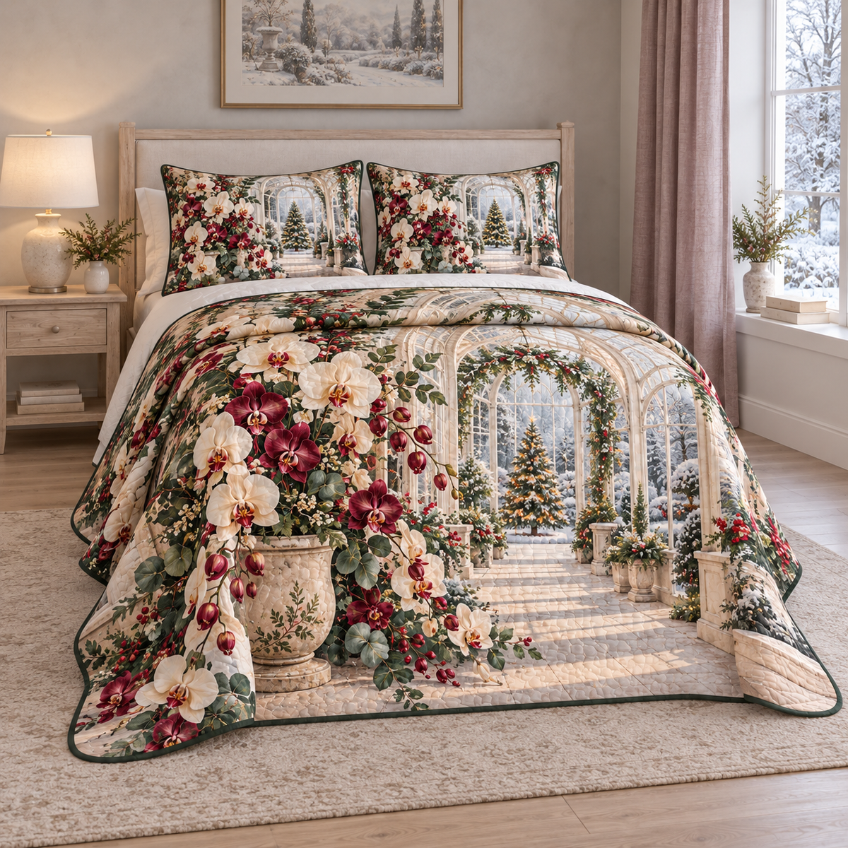 Christmas Orchid Winter Glasshouse thin printed quilt with two matching pillow shams; complete-product design mockup with flat printed visual depth.
