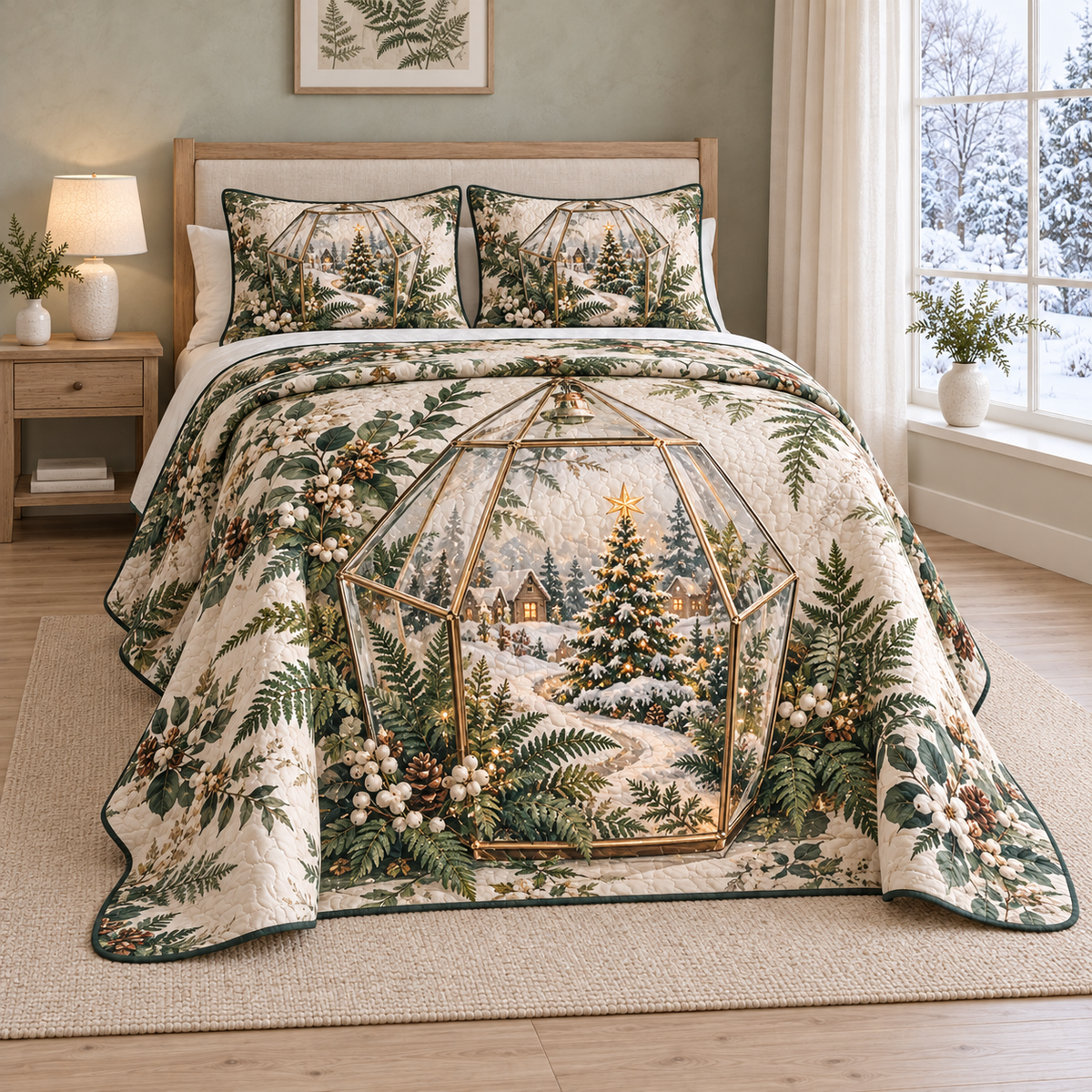 Christmas Glass Fern Terrarium thin printed quilt with two matching pillow shams; complete-product design mockup with flat printed visual depth.