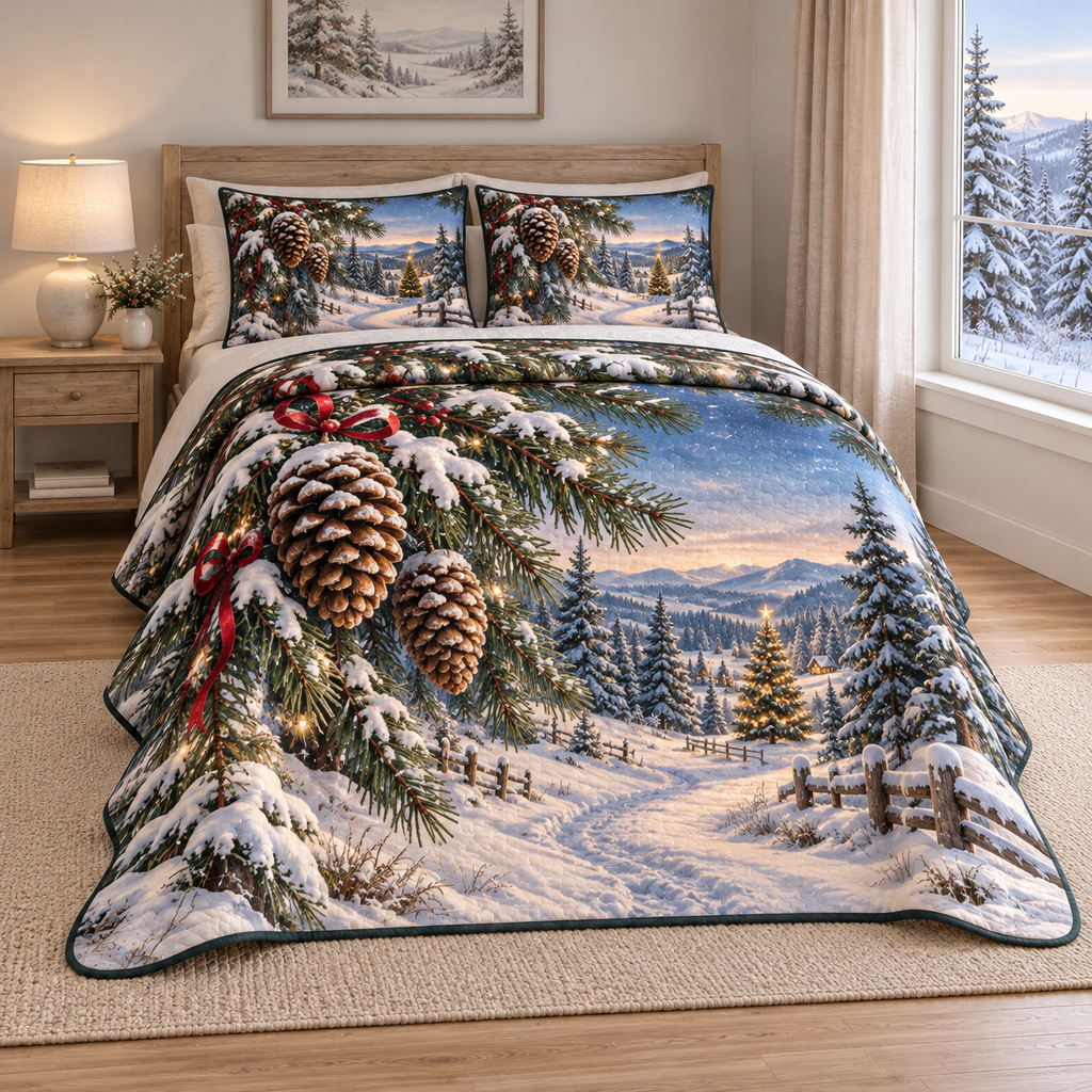Christmas Pinecone Winter Vista thin printed quilt with two matching pillow shams; complete-product design mockup with flat printed visual depth.