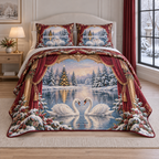 Christmas Swan Lake Winter Theatre thin printed quilt with two matching pillow shams; complete-product design mockup with flat printed visual depth.