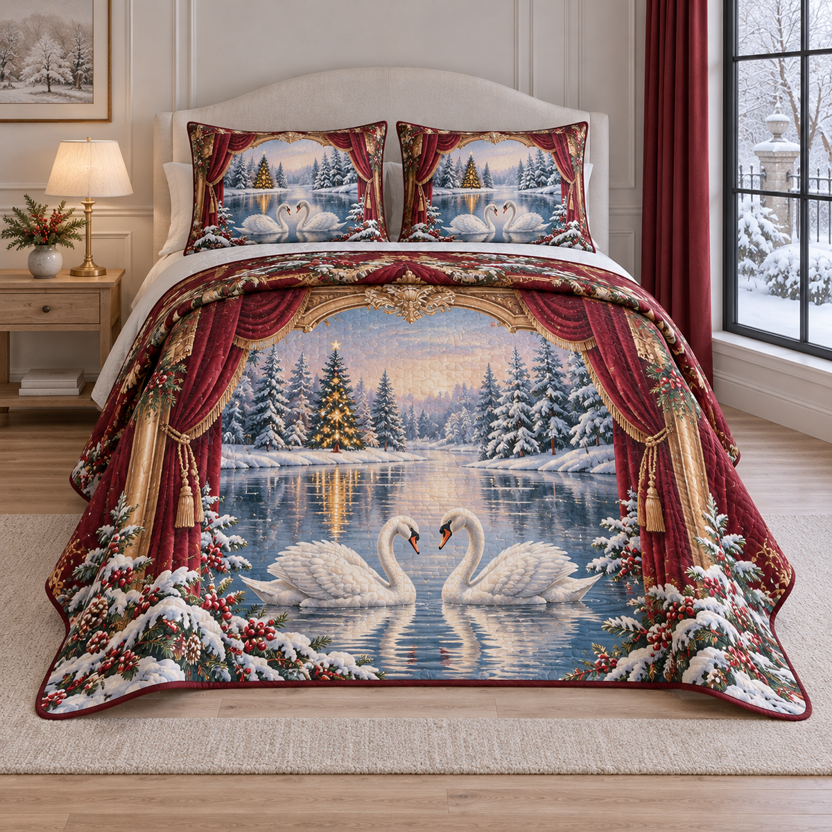 Christmas Swan Lake Winter Theatre thin printed quilt with two matching pillow shams; complete-product design mockup with flat printed visual depth.