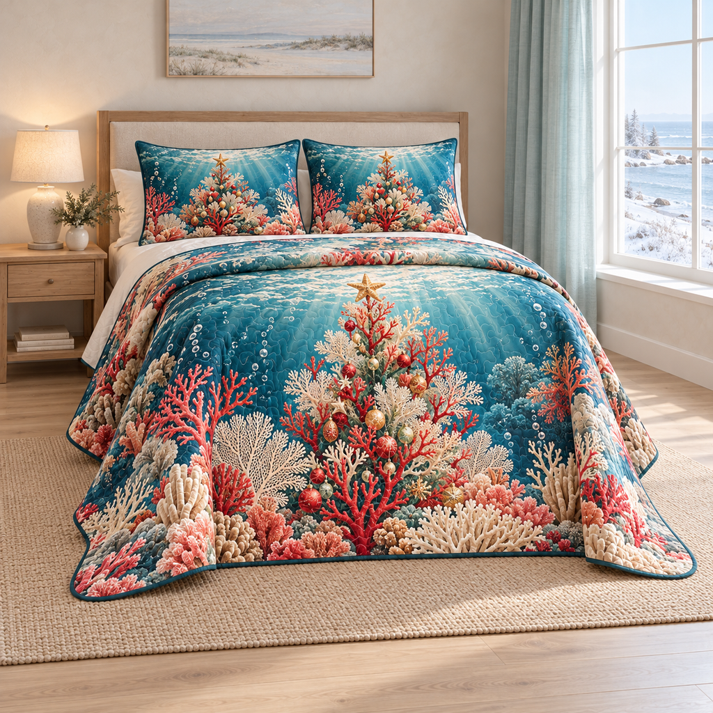 Christmas Coral Reef Celebration thin printed quilt with two matching pillow shams; complete-product design mockup with flat printed visual depth.