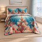 Christmas Coral Reef Celebration thin printed quilt with two matching pillow shams; complete-product design mockup with flat printed visual depth.