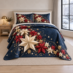 Christmas Folded Star Cascade thin printed quilt with two matching pillow shams; complete-product design mockup with flat printed visual depth.