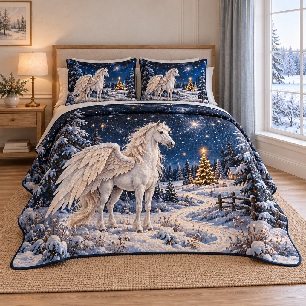 Christmas Pegasus Starlight Meadow thin printed quilt with two matching pillow shams; complete-product design mockup with flat printed visual depth.
