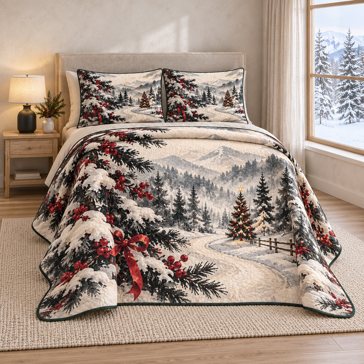Christmas Ink Wash Winter Pines thin printed quilt with two matching pillow shams; complete-product design mockup with flat printed visual depth.