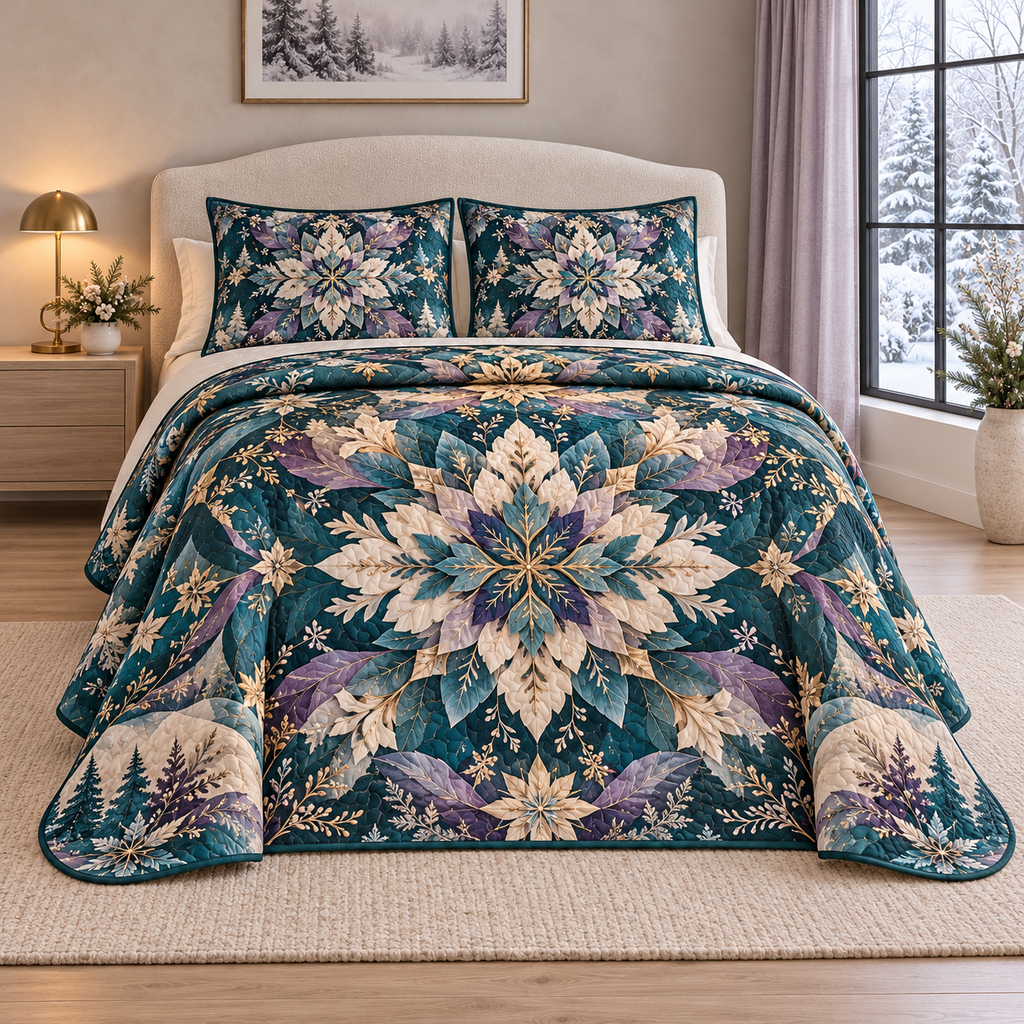 Christmas Snowflake Kaleidoscope thin printed quilt with two matching pillow shams; complete-product design mockup with flat printed visual depth.