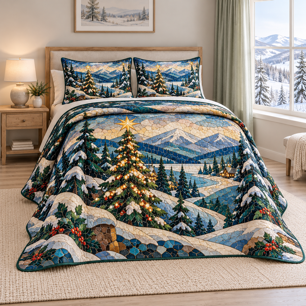 Christmas Winter Mosaic Landscape thin printed quilt with two matching pillow shams; complete-product design mockup with flat printed visual depth.