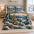 Christmas Winter Mosaic Landscape thin printed quilt with two matching pillow shams; complete-product design mockup with flat printed visual depth.