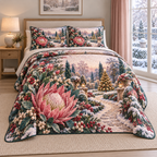 Christmas Protea Twilight Garden thin printed quilt with two matching pillow shams; complete-product design mockup with flat printed visual depth.