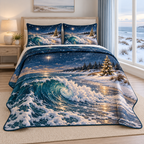 Christmas Starlight Winter Surf thin printed quilt with two matching pillow shams; complete-product design mockup with flat printed visual depth.