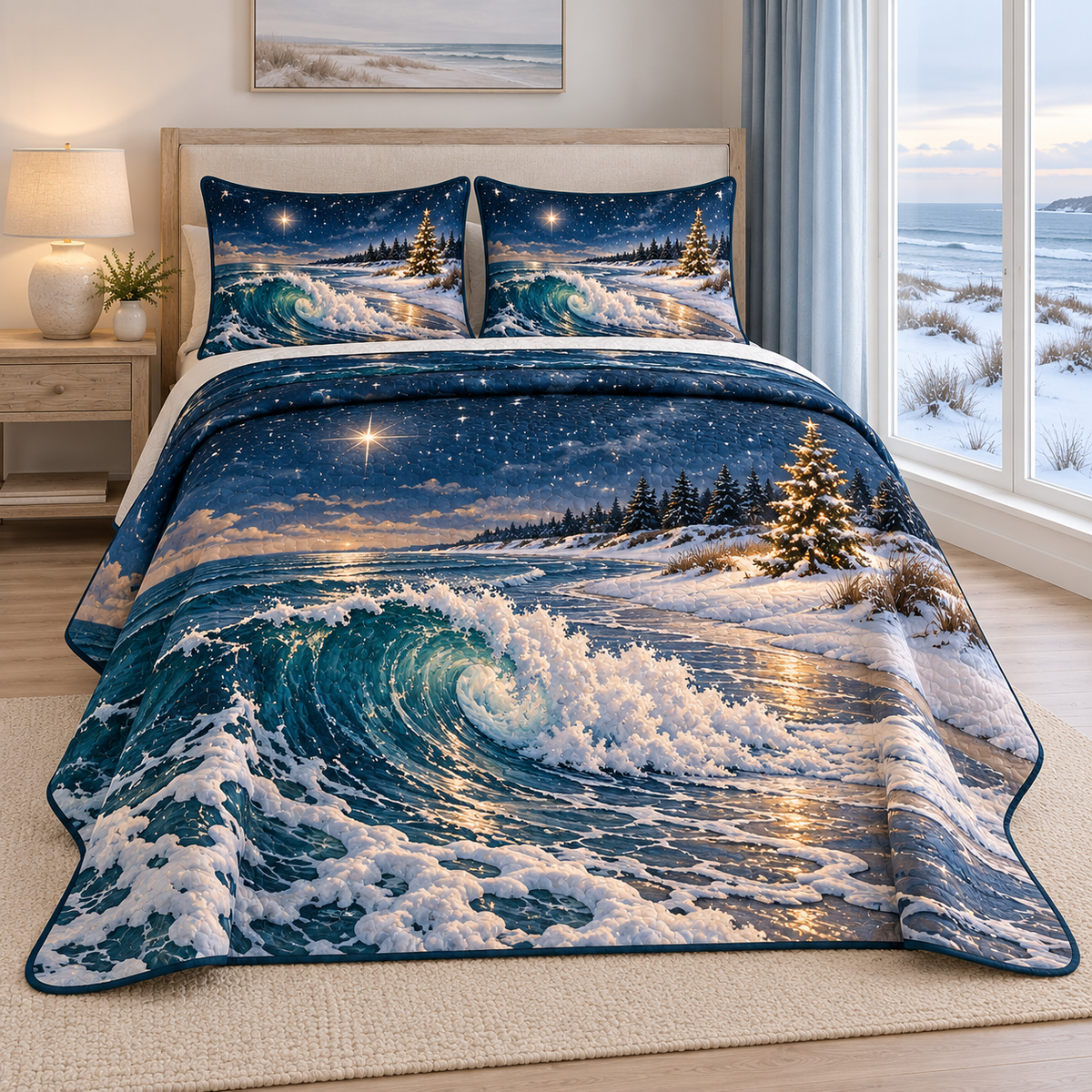 Christmas Starlight Winter Surf thin printed quilt with two matching pillow shams; complete-product design mockup with flat printed visual depth.