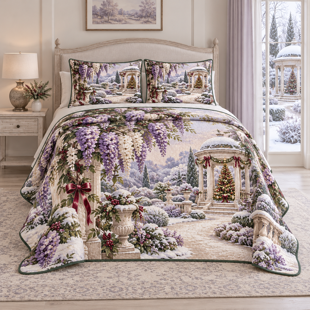 Christmas Wisteria Winter Pavilion thin printed quilt with two matching pillow shams; complete-product design mockup with flat printed visual depth.