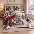 Christmas Red Umbrella Winter Bouquet thin printed quilt with two matching pillow shams; complete-product design mockup with flat printed visual depth.