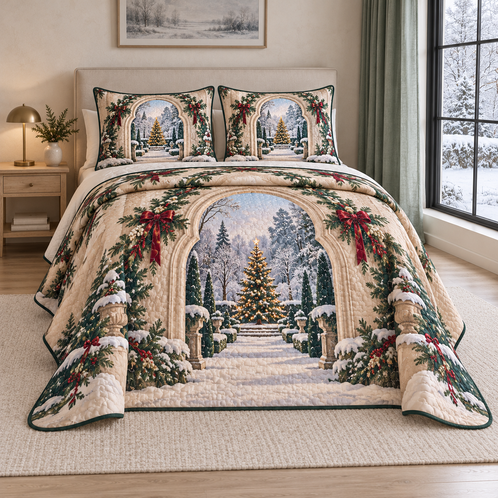 Christmas Scalloped Arch Winter Garden thin printed quilt with two matching pillow shams; complete-product design mockup with flat printed visual depth.