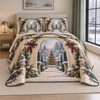 Christmas Scalloped Arch Winter Garden thin printed quilt with two matching pillow shams; complete-product design mockup with flat printed visual depth.
