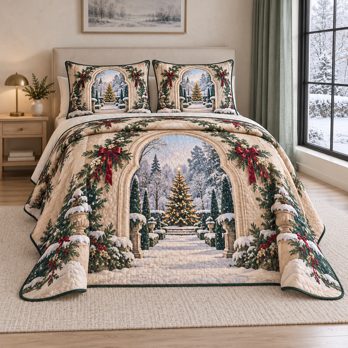 Christmas Scalloped Arch Winter Garden thin printed quilt with two matching pillow shams; complete-product design mockup with flat printed visual depth.