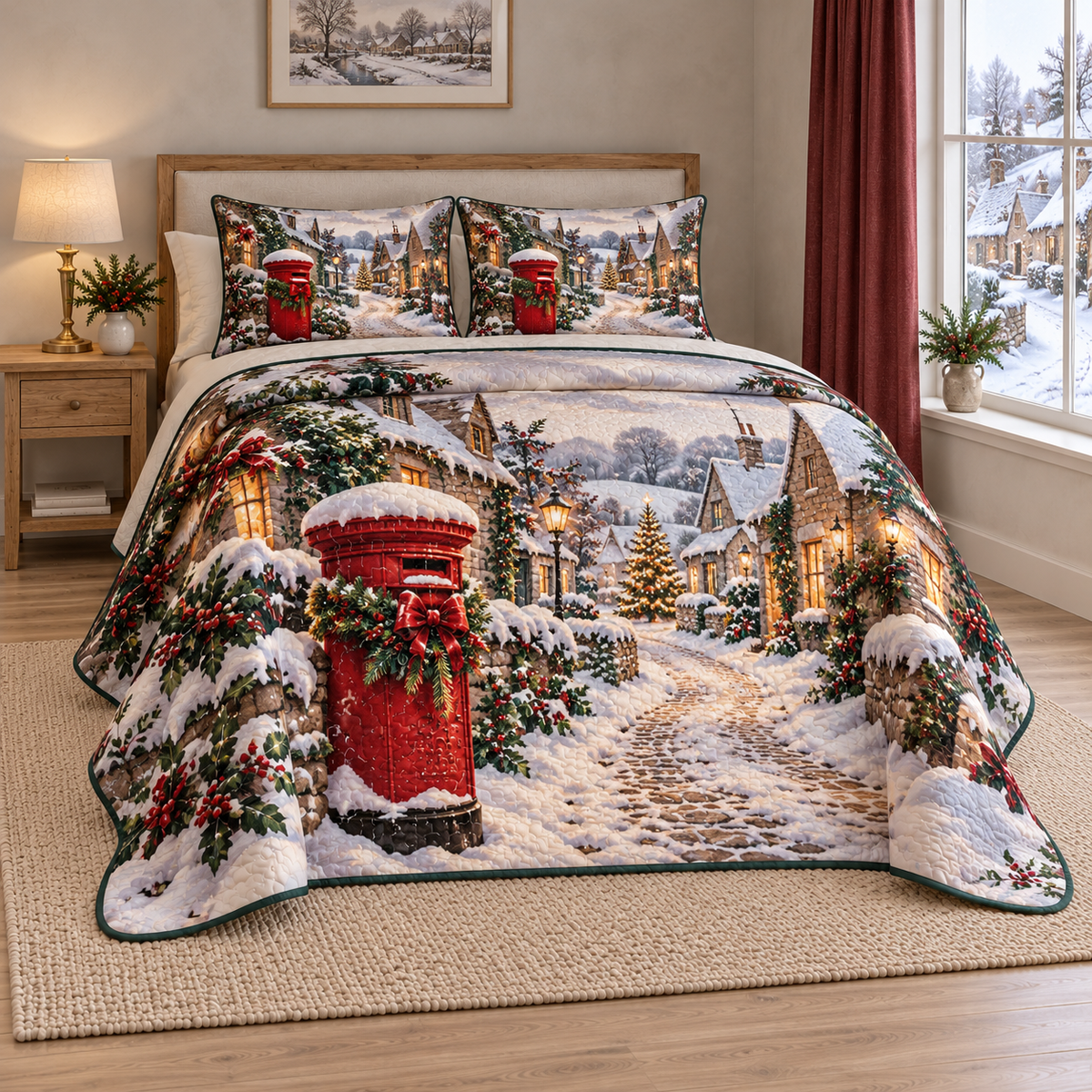 Christmas Winter Postbox Lane thin printed quilt with two matching pillow shams; complete-product design mockup with flat printed visual depth.
