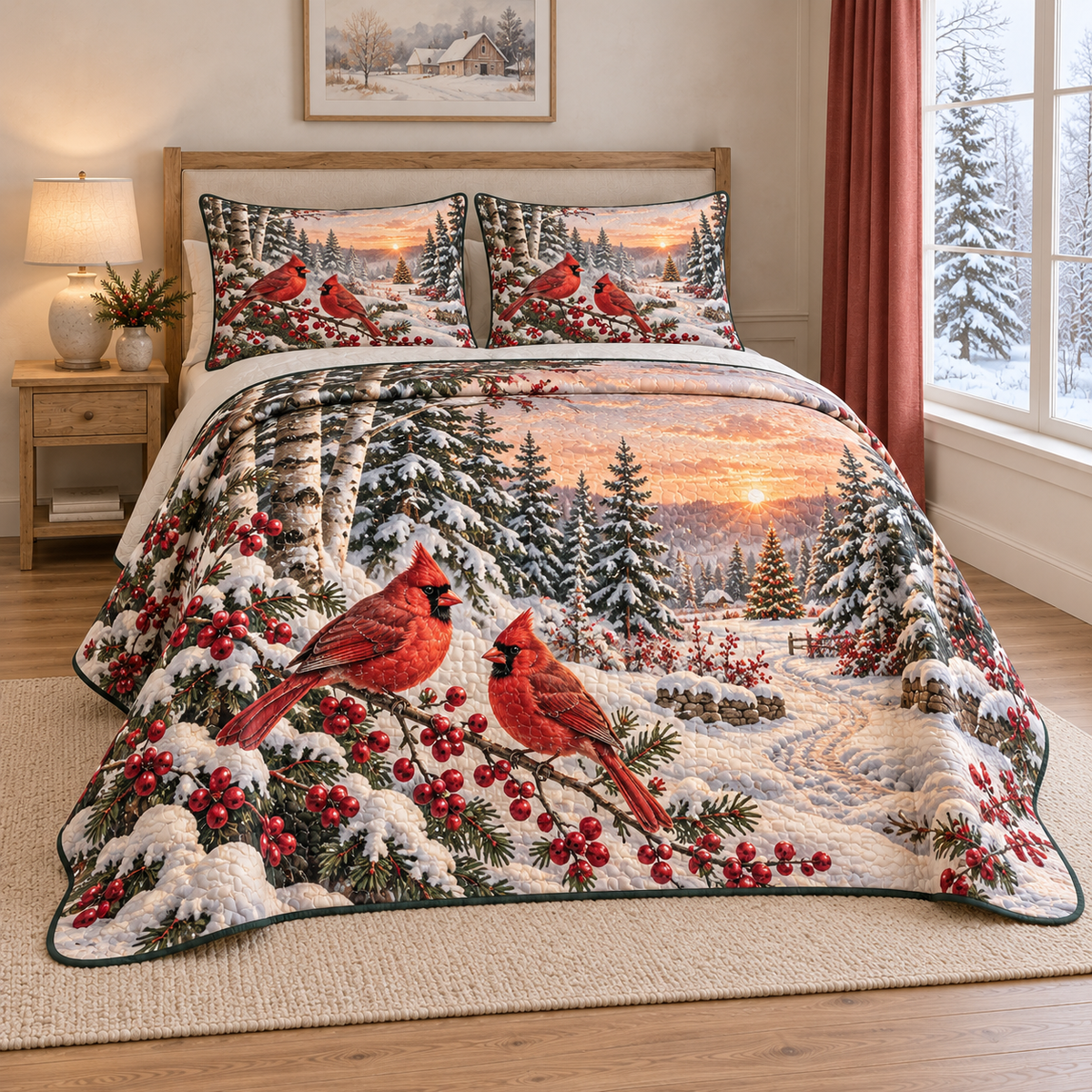 Christmas Cardinals Cranberry Sunrise thin printed quilt with two matching pillow shams; complete-product design mockup with flat printed visual depth.